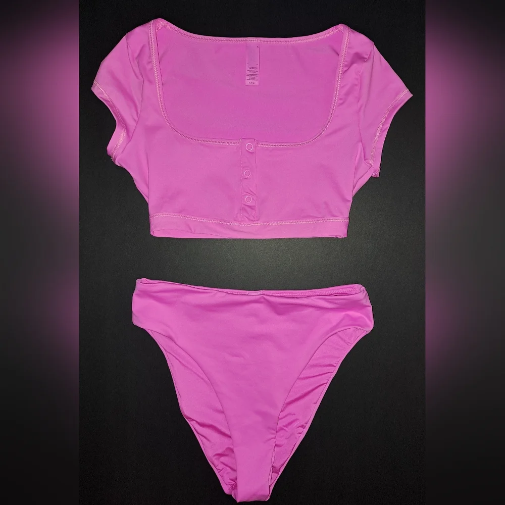 ❤️SKIMS Cropped T-shirt Top Mid Waist Bottoms Bikini Swimsuit Pink NEON ORCHID S